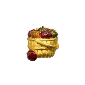 Signed TC Basket with Apples Pin Brooch Gold Tone Metal Red Green Enamel Apples